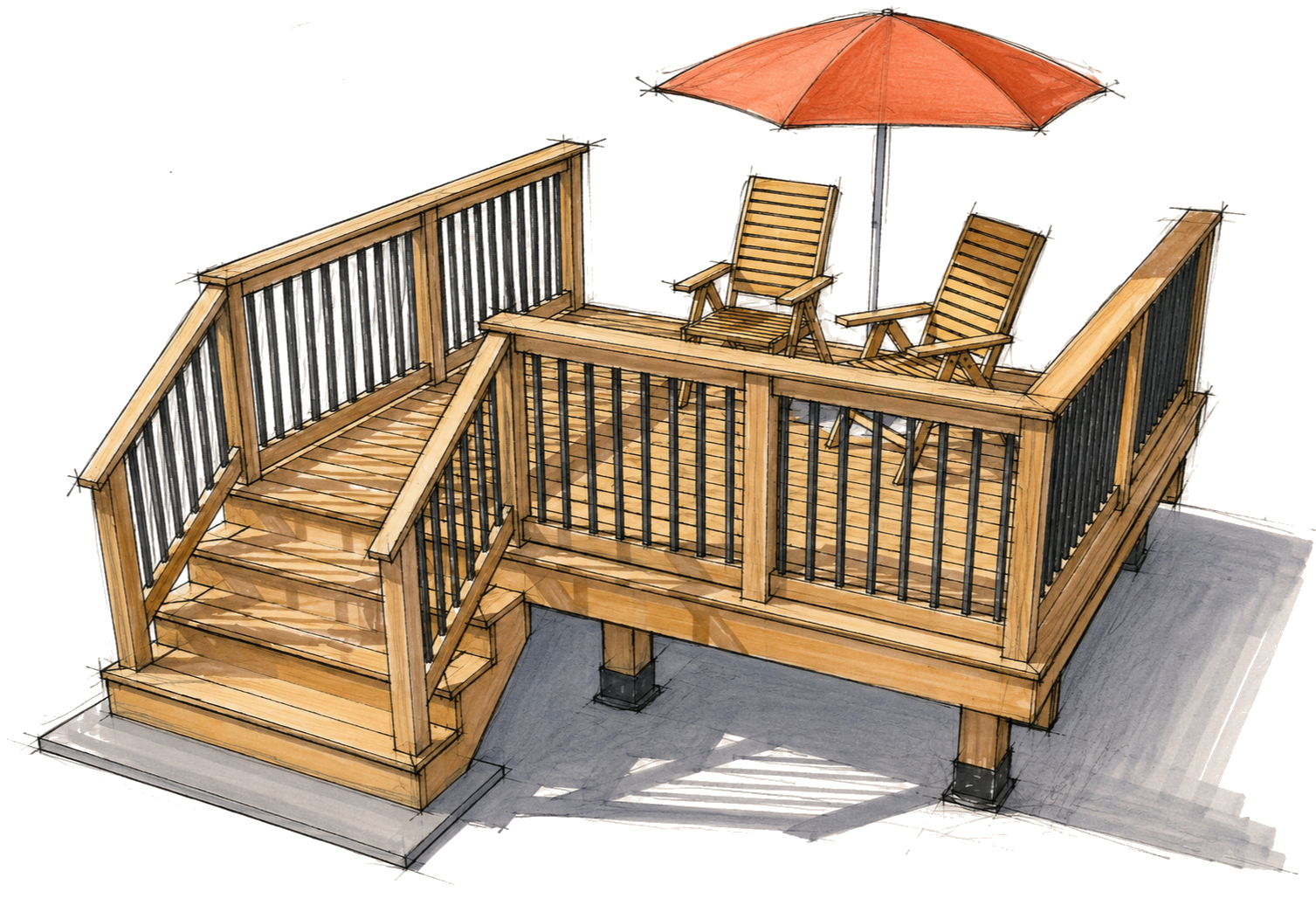 Architectural sketch illustration of The Tulip, a 10' × 12' freestanding deck with metal balusters, wood railings, wide staircase, and pink patio furniture including a lounge chair and sectional sofa.